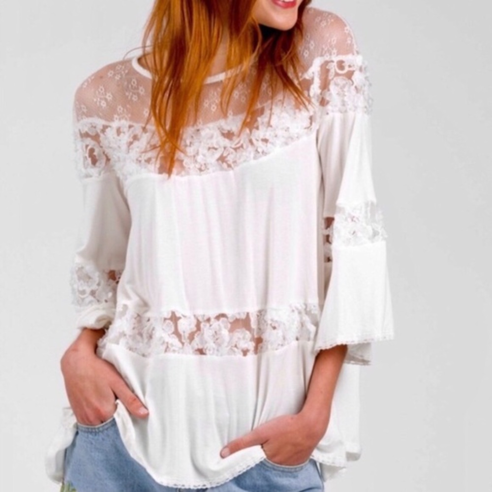 POL Ivory Rayon Jersey Lace Boho Top | 3D Floral Lace Sequin Detail Blouse